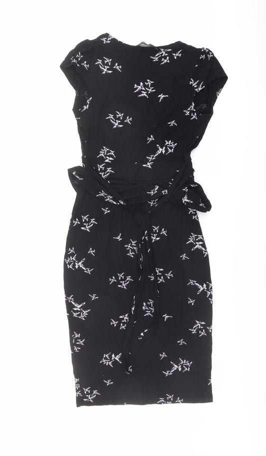 Dorothy Perkins Womens Black Geometric Viscose A-Line Size 8 V-Neck Pullover - Bird pattern