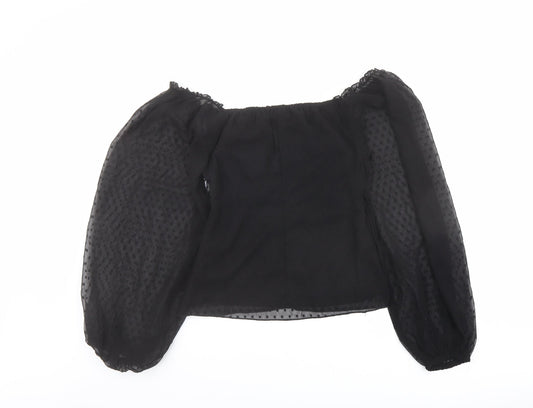 Boohoo Womens Black Polyester Basic Blouse Size 10 V-Neck - Sheer Sleeves