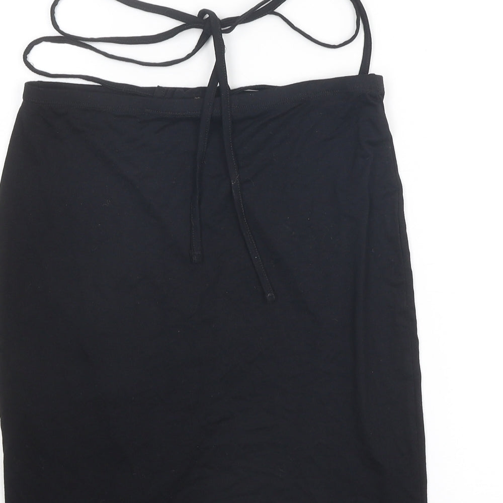Brand and care label for ASOS women’s black viscose bandage skirt, size UK 10, tie