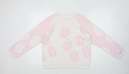 Crew Clothing Womens Pink Round Neck Striped Cotton Pullover Jumper Size 14 - Flower Detail