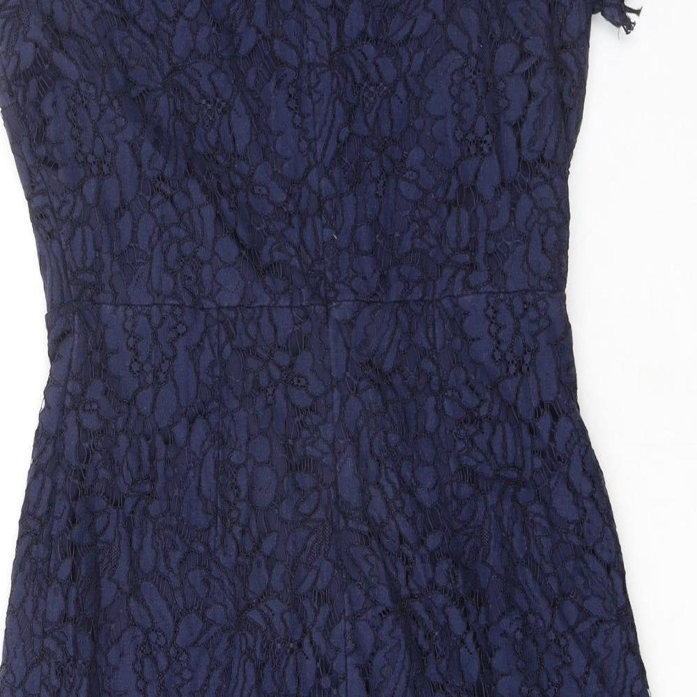 Brand and care label for Wallis women’s blue floral nylon a-line, size UK 10, boat neck zip