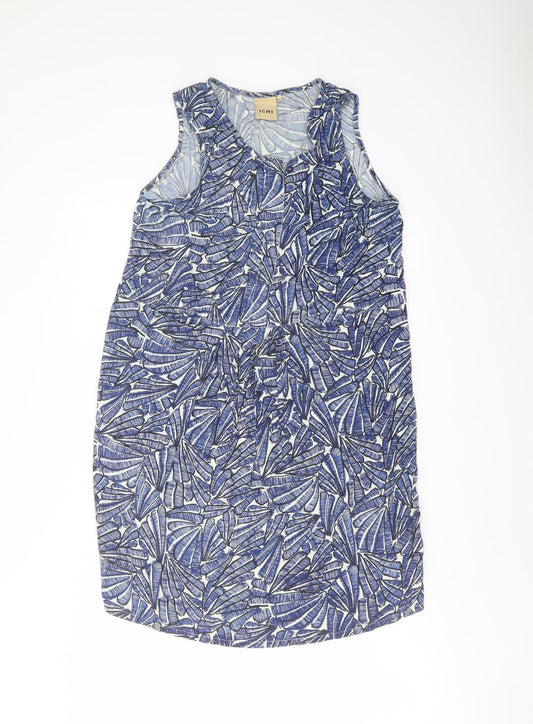 Additional front view of ICHI women’s blue geometric viscose tank dress, size UK 8, round neck pullover