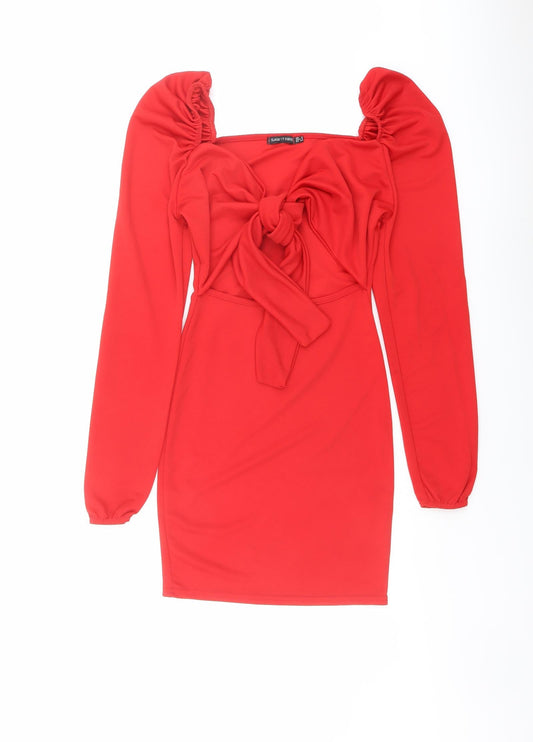 Additional front view of I SAW IT FIRST women’s red polyester mini, size UK 6, sweetheart pullover - tie front detail