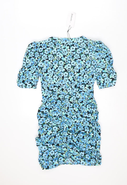 Stradivarius Womens Blue Floral Cotton Mini Size M V-Neck Zip - Size S-M