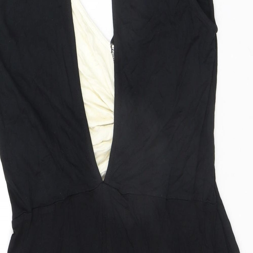 Brand and care label for ASOS women’s black colourblock viscose bodycon, size UK 10, v-neck button
