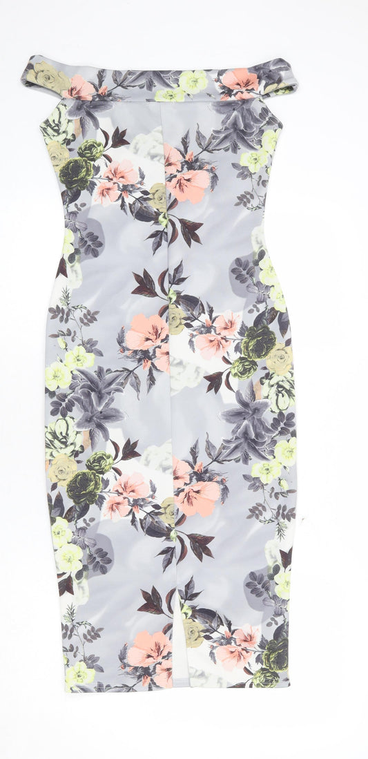 Boohoo Womens Grey Floral Polyester Pencil Dress Size 10 Off the Shoulder Pullover