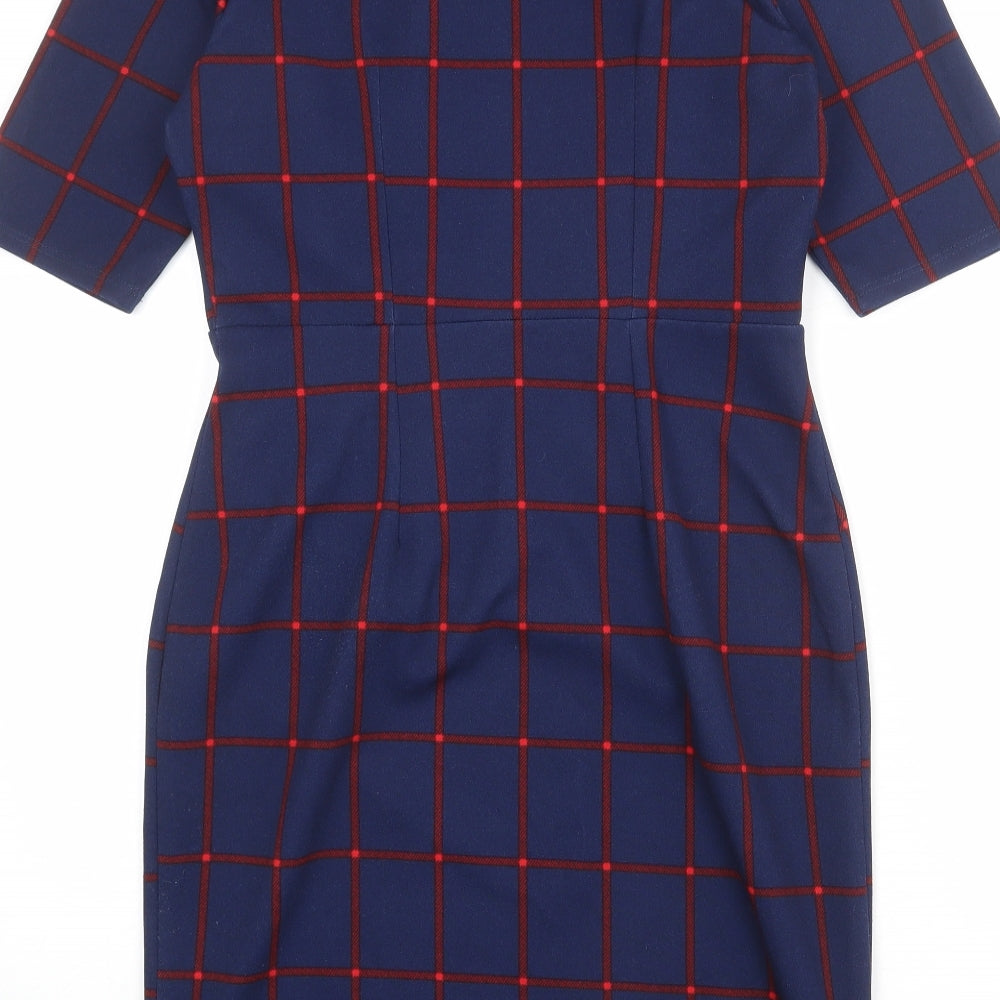 Dorothy Perkins Womens Blue Check Polyester Pencil Dress Size 10 Boat Neck Pullover