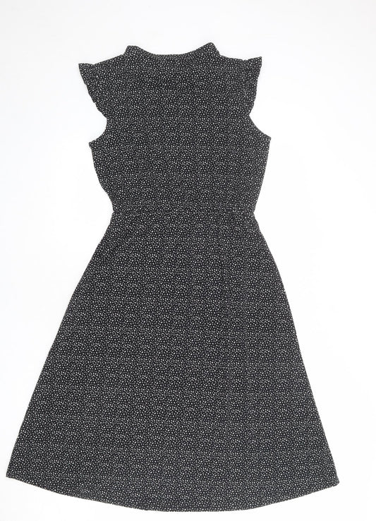 Adrianna Papell Womens Black Geometric Polyester Fit & Flare Size S Mock Neck Button