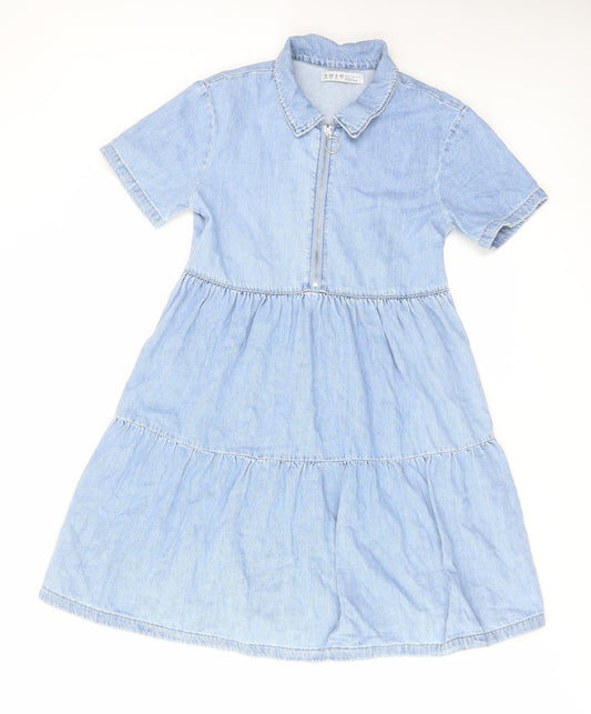Additional front view of Denim & Co. women’s blue cotton a-line, size UK 8, collared zip