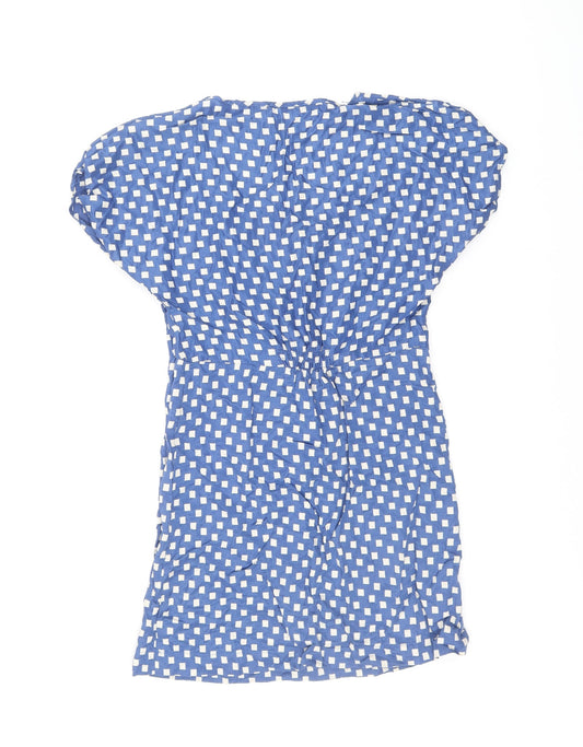 Zara Womens Blue Geometric Polyester A-Line Size S Round Neck Zip