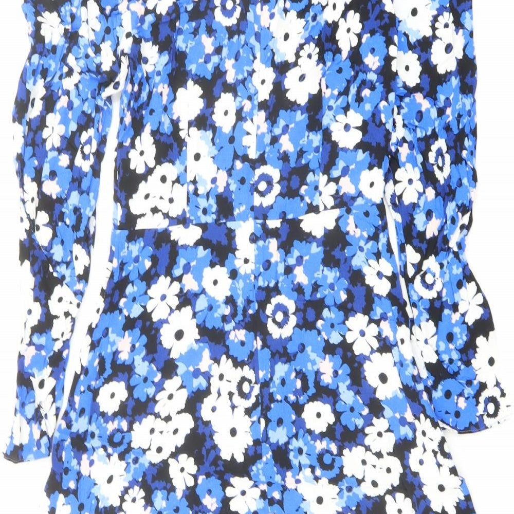 Marks and Spencer Womens Blue Floral Viscose A-Line Size 6 Round Neck Zip