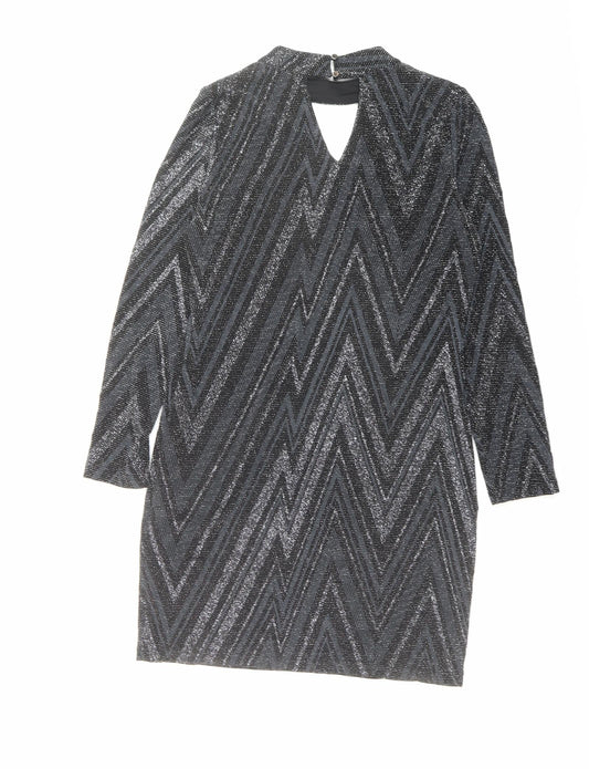 Oasis Womens Black Geometric Polyamide A-Line Size M Round Neck Button