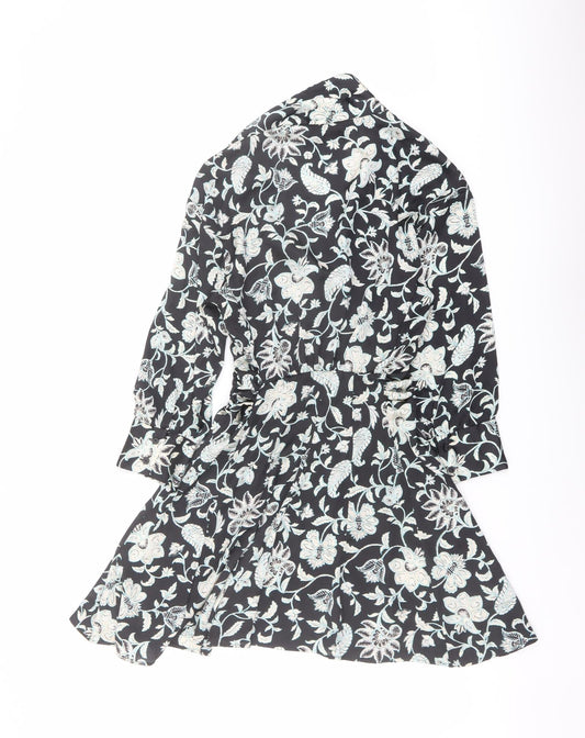 Zara Womens Black Floral Polyester A-Line Size XS Collared Button
