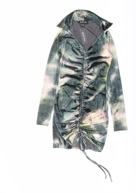 Motel Womens Green Geometric Polyester Bodycon Size XS Collared Pullover