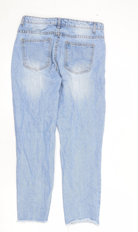 PRETTYLITTLETHING Womens Blue Cotton Tapered Jeans Size 10 L26 in Regular Zip - Raw Hem