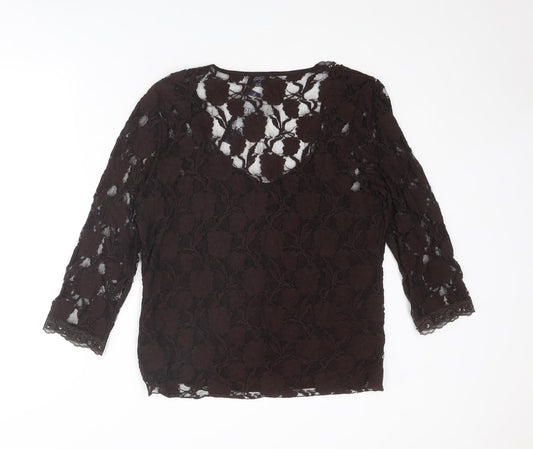 Nightingales Womens Brown Nylon Basic Blouse Size XL Scoop Neck