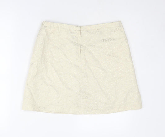H&M Womens Ivory Geometric Cotton A-Line Skirt Size 10 Zip
