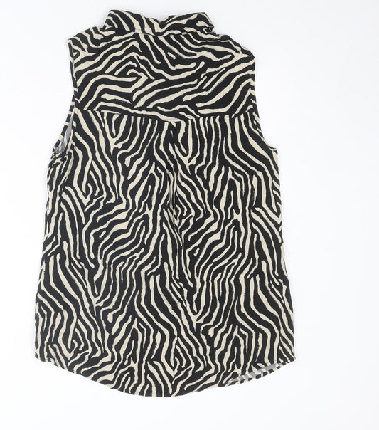 EWM Womens Black Animal Print Viscose Basic Button-Up Size 12 Collared - Tiger Print