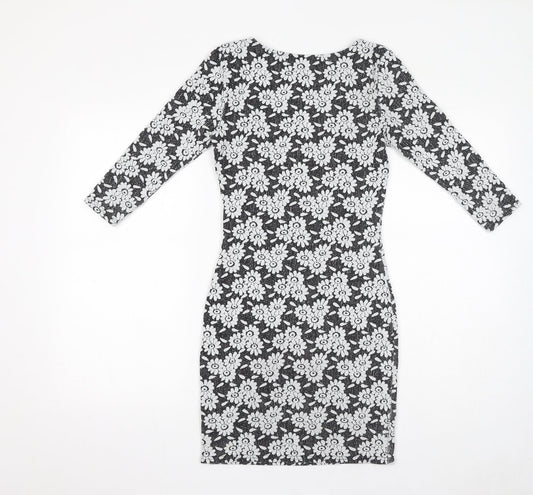 River Island Womens Black Floral Polyester Bodycon Size 6 Boat Neck Pullover