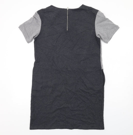 Marks and Spencer Womens Grey Geometric Polyester T-Shirt Dress Size 14 Round Neck Zip