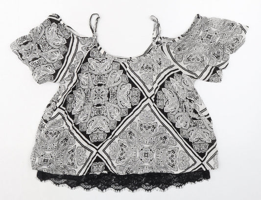 Select Womens Black Paisley Viscose Basic Blouse Size 6 Round Neck - Cold Shoulder Detail