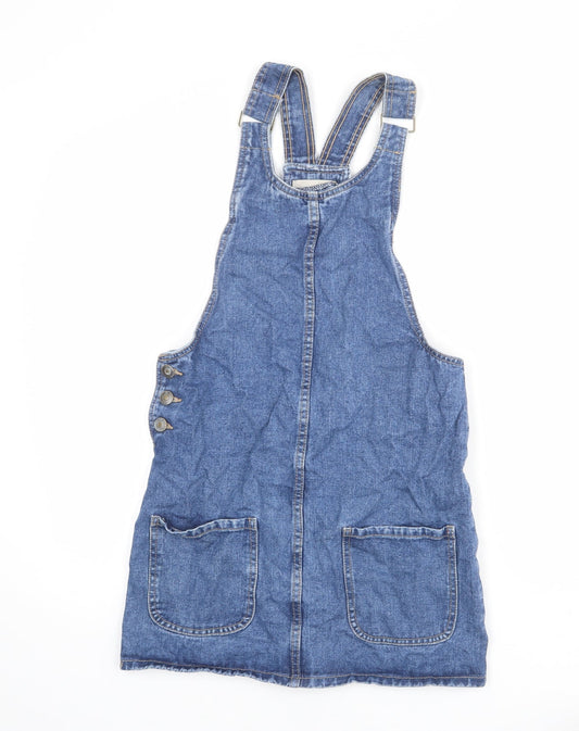 Additional front view of Denim & Co. women’s blue 100% cotton pinafore/dungaree dress, size UK 6, round neck buckle