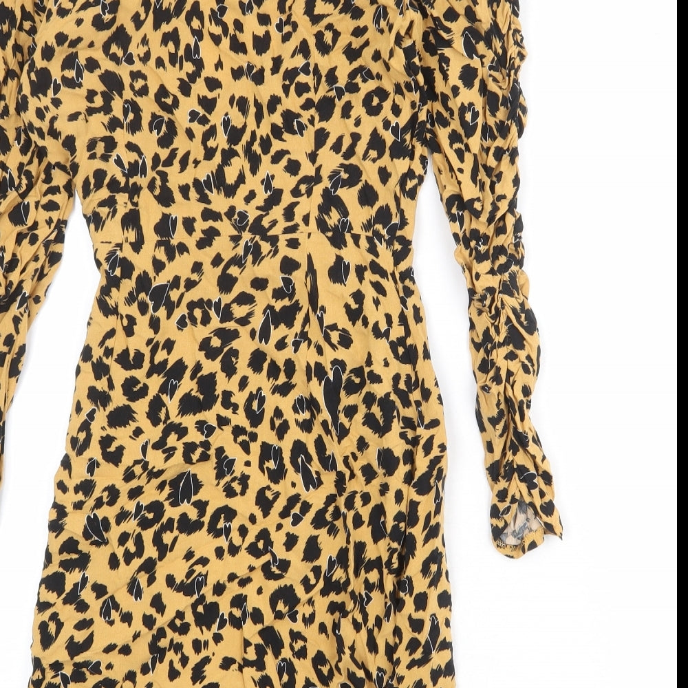 Topshop Womens Brown Animal Print Viscose Wrap Dress Size 8 V-Neck Tie - Leopard pattern
