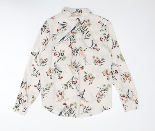 H&M Womens Ivory Floral Polyester Basic Button-Up Size 6 Collared - Bird Print