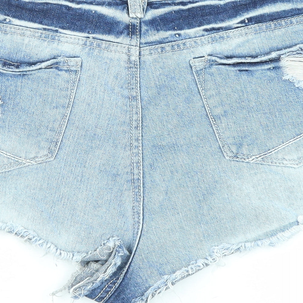 The Rockn Rev Womens Blue Cotton Cut-Off Shorts Size 14 Regular Zip - Floral Embroidery, Distressed Denim