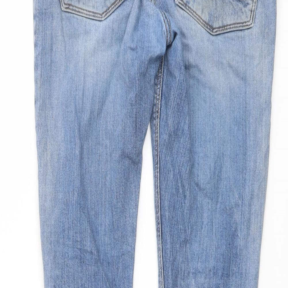 Brand and care label for ASOS men’s blue cotton skinny jeans, size 30, in, 30-inch leg regular button