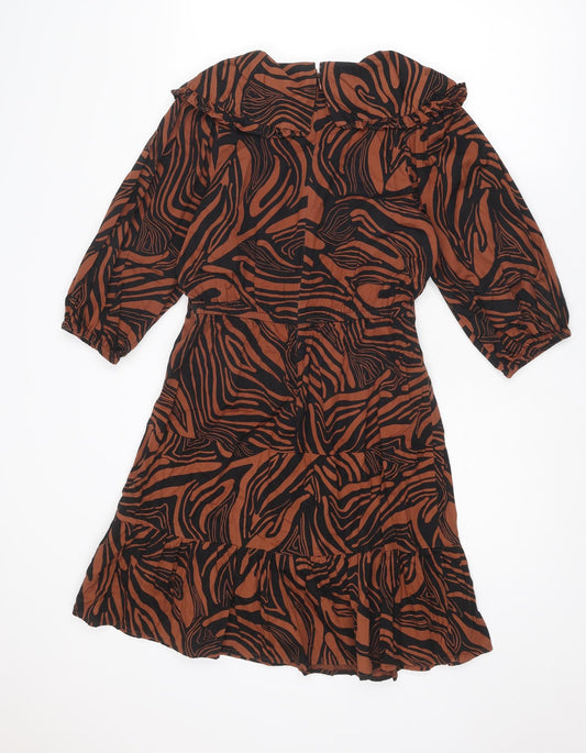 NEXT Womens Brown Geometric Cotton Skater Dress Size 8 Round Neck Zip