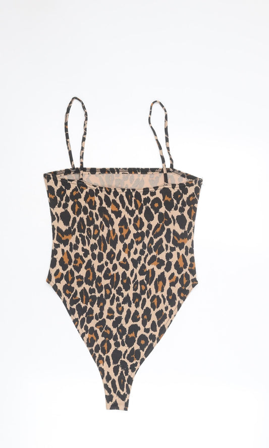 Boohoo Womens Beige Animal Print Polyester Bodysuit One-Piece Size 12 Snap - Leopard Print