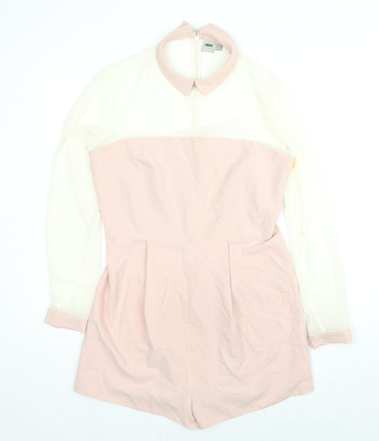 Additional front view of ASOS women’s beige polyester playsuit one-piece, size UK 12, 3-inch leg zip