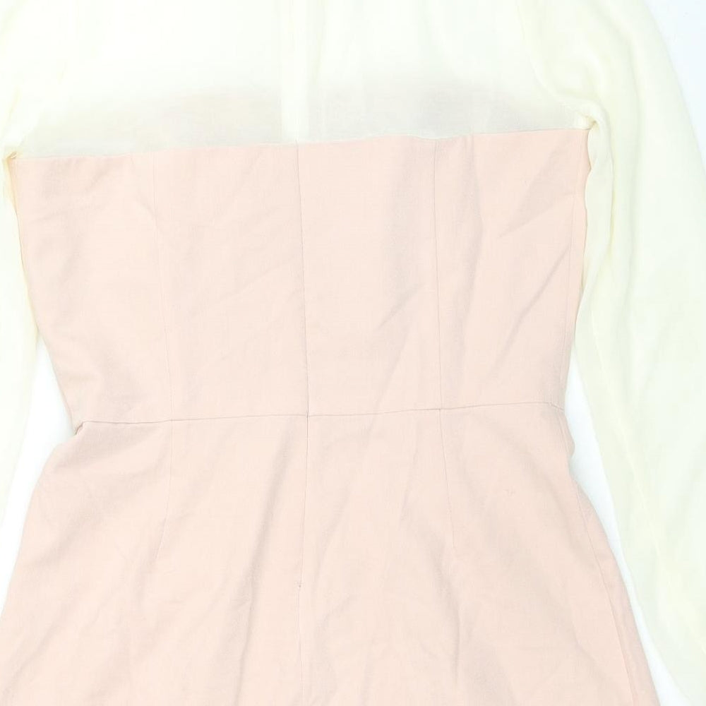 Brand and care label for ASOS women’s beige polyester playsuit one-piece, size UK 12, 3-inch leg zip