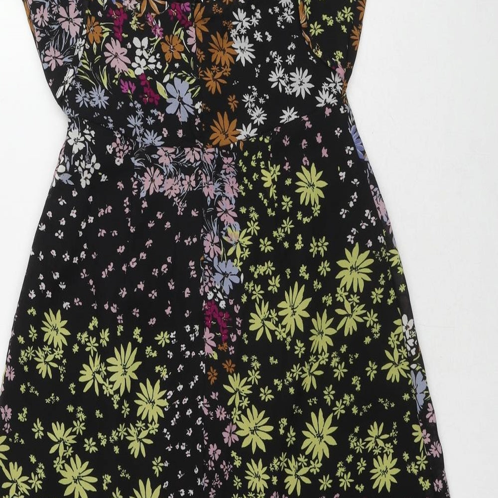 Oasis Womens Black Floral Polyester A-Line Size 6 V-Neck Button - Cut Out Back Detail