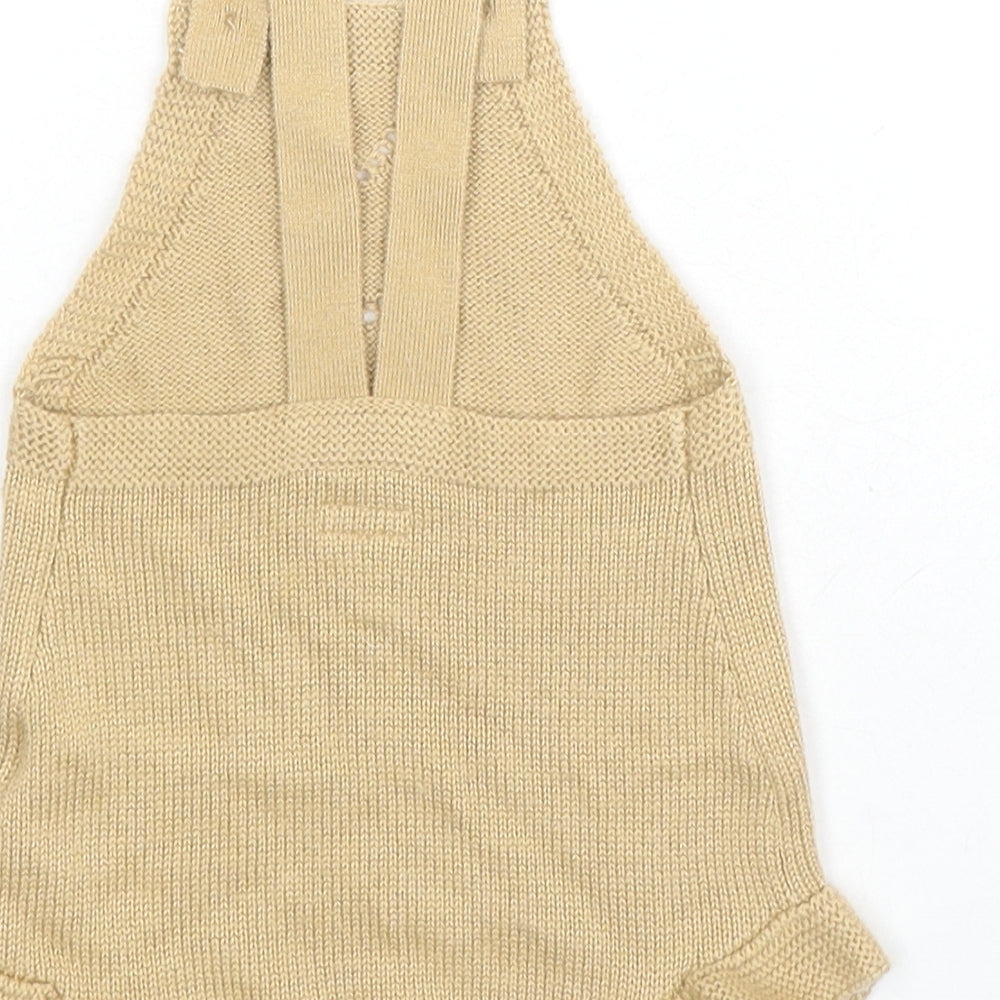 Brand and care label for mamas & papas girls’ beige polyester romper one-piece, size 3-6, months snap