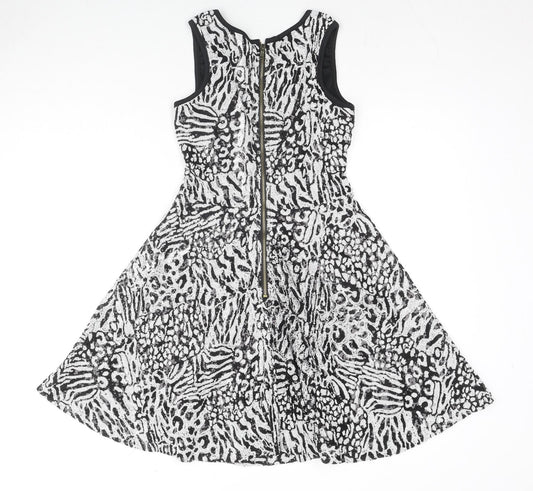 Rare Womens Multicoloured Animal Print Polyester Fit & Flare Size 8 Boat Neck Zip