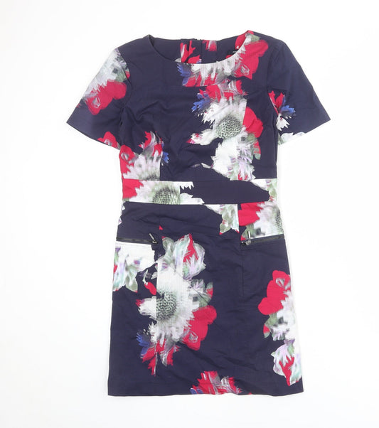 Additional front view of French Connection women’s blue geometric cotton shift, size UK 10, round neck zip