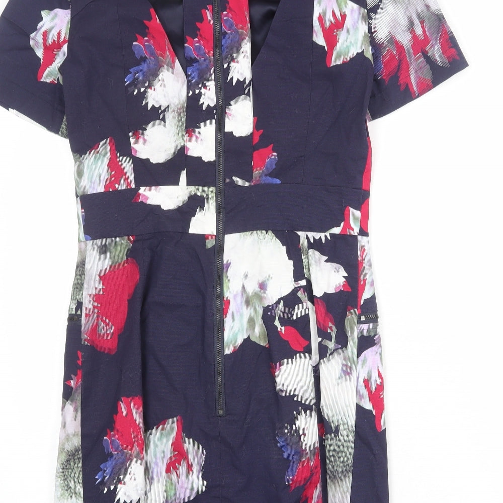 French Connection Womens Blue Geometric Cotton Shift Size 10 Round Neck Zip