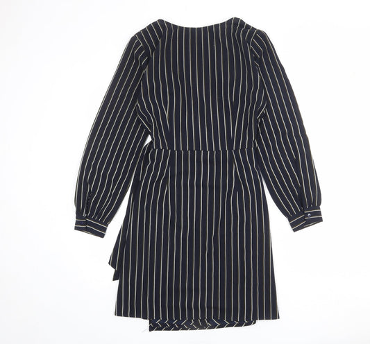 Brave Soul Womens Blue Striped Polyester Wrap Dress Size S V-Neck Tie