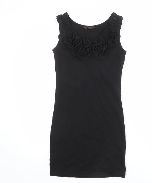 Additional front view of Miss Selfridge women’s black cotton bodycon, size UK 8, round neck pullover
