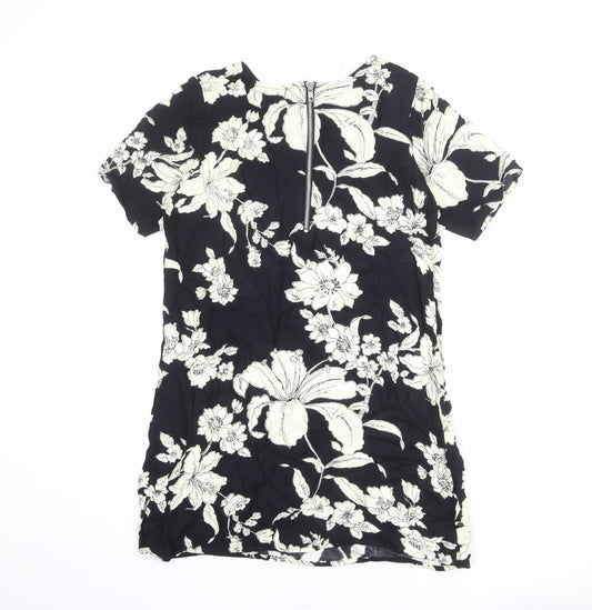 Motel Womens Black Floral Viscose Mini Size S Round Neck Zip