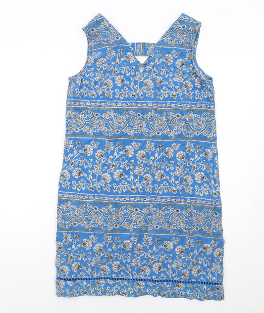 NEXT Womens Blue Geometric Linen A-Line Size 10 V-Neck Pullover