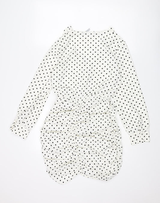 Zara Womens Ivory Polka Dot Polyester Mini Size S V-Neck Zip