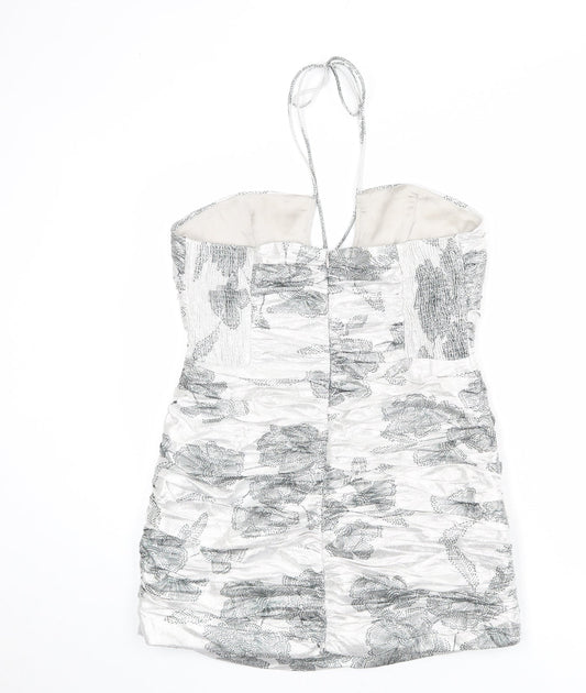 Zara Womens Silver Floral Polyester Mini Size XL Halter Zip