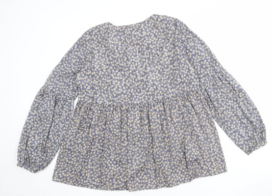 Zara Womens Blue Floral Polyester Basic Blouse Size L Round Neck