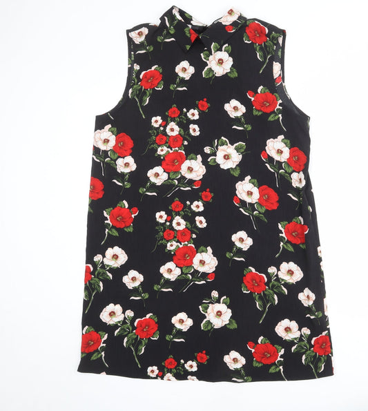 Additional front view of Fashion Union women’s black floral polyester shift, size UK 16, collared tie