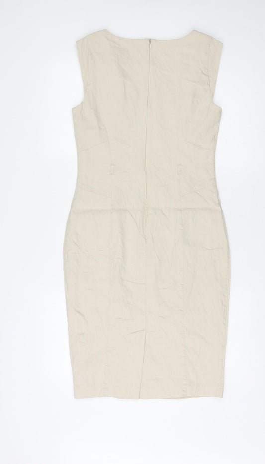 Marks and Spencer Womens Beige Linen Pencil Dress Size 8 V-Neck Zip