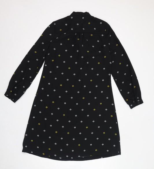 Marks and Spencer Womens Black Geometric Polyester Shift Size 10 Round Neck Pullover - Tie Neck Detail