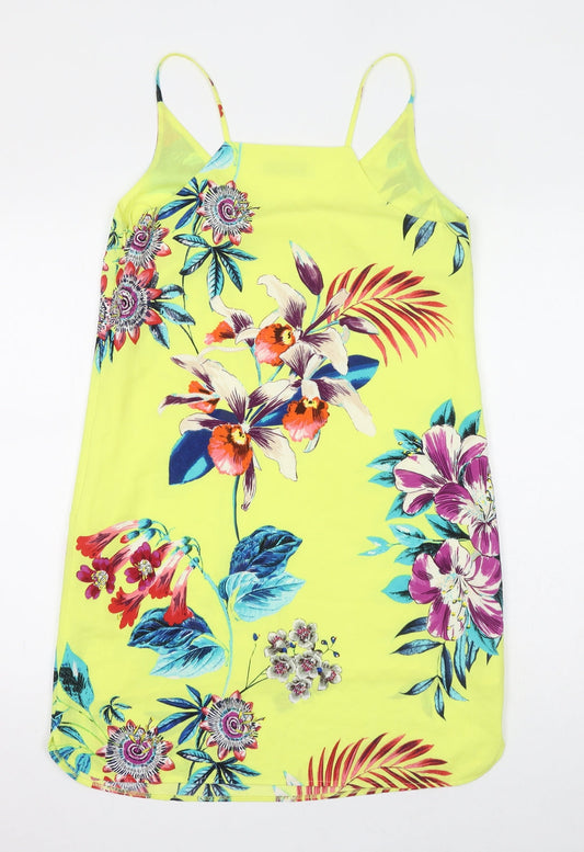 Oasis Womens Yellow Floral Polyester Slip Dress Size 10 V-Neck Zip